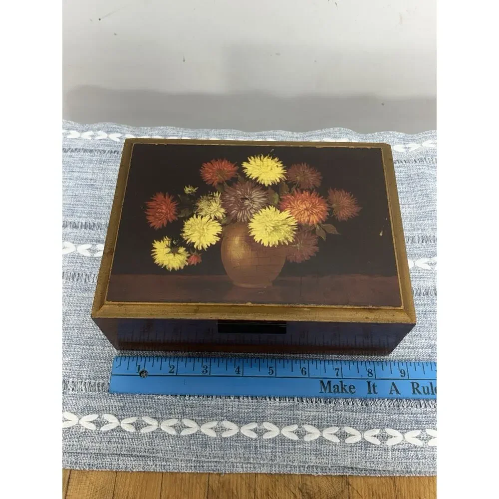Vintage 1970s Wood Jewelry Box Floral Lid Etched Mirror Gold Lined Keepsake